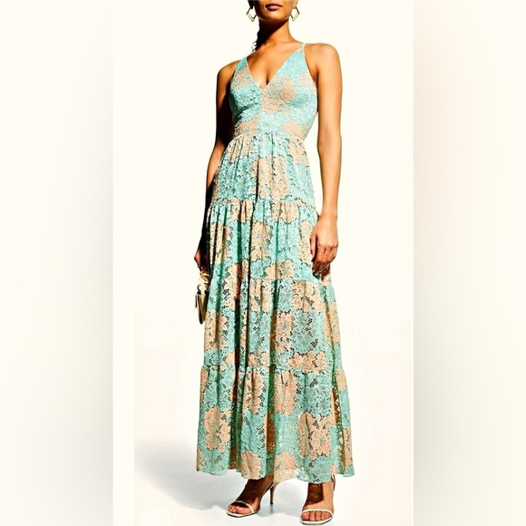 DRESS THE POPULATION Melina Tiered Skirt Maxi Dress in SEAFOAM MULTI sz M $268 - Picture 3 of 13